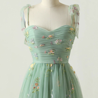 Green Floral Tulle Long Prom Dress, Cute A-Line Evening Party Dress - Thumbnail 1