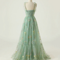 Green Floral Tulle Long Prom Dress, Cute A-Line Evening Party Dress - Thumbnail 2