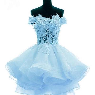 Sexy light blue short party dress with lace - Thumbnail 2