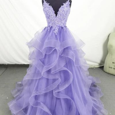 Lovely purple tulle long lace formal prom dress