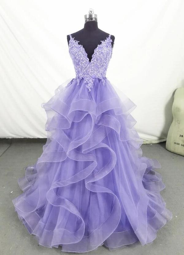 Lovely Purple Tulle Long Lace Formal Prom Dress