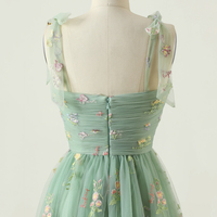 Green Floral Tulle Long Prom Dress, Cute A-Line Evening Party Dress - Thumbnail 3