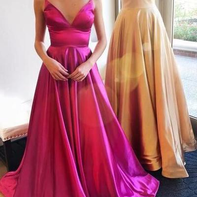 Spaghetti straps fuchsia long prom dresses - Thumbnail 1