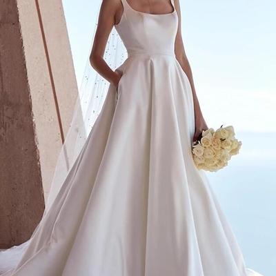 Elegant simple mermaid square neck satin wedding dresses with pockets