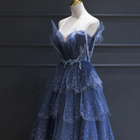 Dark Blue Tulle Beaded Long Senior Prom Dress, A-Line Evening Party Dress - Thumbnail 2