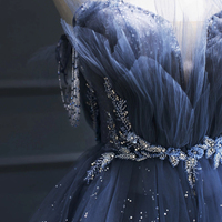 Dark Blue Tulle Beaded Long Senior Prom Dress, A-Line Evening Party Dress - Thumbnail 4