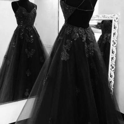 A line floor length black tulle lace prom dresses - Thumbnail 1