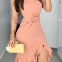 Solid Color Fashion Women'S Pink One-Shoulder Sleeveless Dress - Thumbnail 1