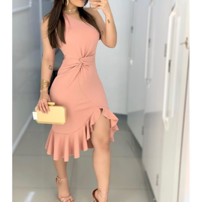 Solid Color Fashion Women'S Pink One-Shoulder Sleeveless Dress