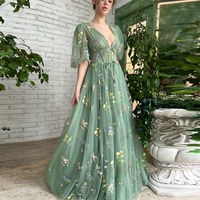 Green Embroidery Lace Prom Dresses Puff Sleeves A-Line Long Wedding Party Gowns Open Back Tulle Evening Dress  - Thumbnail 1