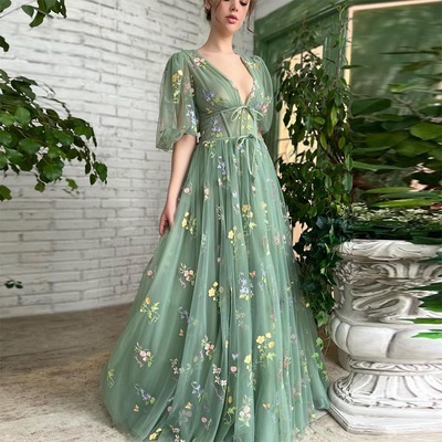 Green embroidery lace prom dresses puff sleeves a-line long wedding party gowns open back tulle evening dress 