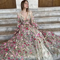 Elegant Floral Tulle Prom Dresses Long Sleeves V-Neck Lace Appliques A-Line Evening Gown Formal Party Dress - Thumbnail 1