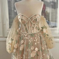  Exquisite Long tulle Prom Dresses Embroidery Pearls Lace Appliques Puff Sleeves Sweetheart A-Line Formal Party Dress - Thumbnail 1