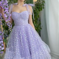 Lavender Hearty Tulle Prom Dresses Sweetheart Spaghetti Straps A-Line Wedding Party Dresses Tea-Length Evening Gown - Thumbnail 1