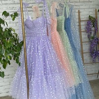 Lavender Hearty Tulle Prom Dresses Sweetheart Spaghetti Straps A-Line Wedding Party Dresses Tea-Length Evening Gown - Thumbnail 2
