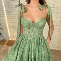 Green Lace Appliques Prom Dresses Spaghetti Straps Tea-Length A-Line Evening Dress Wedding Party Gown - Thumbnail 1