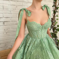 Green Lace Appliques Prom Dresses Spaghetti Straps Tea-Length A-Line Evening Dress Wedding Party Gown - Thumbnail 2
