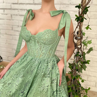 Green Lace Appliques Prom Dresses Spaghetti Straps Tea-Length A-Line Evening Dress Wedding Party Gown - Thumbnail 5