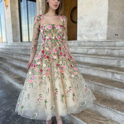 elegant floral tulle prom dresses long sleeves lace appliques flowers a-line evening gown formal party dress