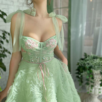  Elegant Tiered Tulle Long Prom Dresses Embroidery Beading Bow Straps Sweetheart Pleat Ruched Ruffles Evening Gowns - Thumbnail 1