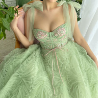  Elegant Tiered Tulle Long Prom Dresses Embroidery Beading Bow Straps Sweetheart Pleat Ruched Ruffles Evening Gowns - Thumbnail 2