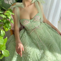  Elegant Tiered Tulle Long Prom Dresses Embroidery Beading Bow Straps Sweetheart Pleat Ruched Ruffles Evening Gowns - Thumbnail 3