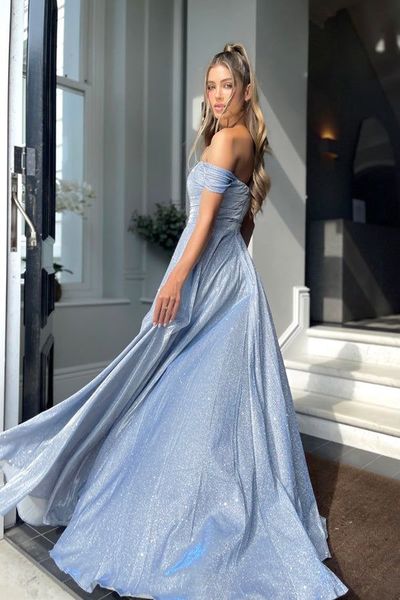 Off-The-Shoulder A-Line Prom Dresses With Slit Sparkly Evening Gowns