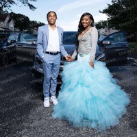 Elegant Prom Dresses Aso Ebi Mermaid V-Neck Long Sleeves Applique Crystals Ruffles Tulle Plus Size Women Cocktail Party Gowns - Thumbnail 3