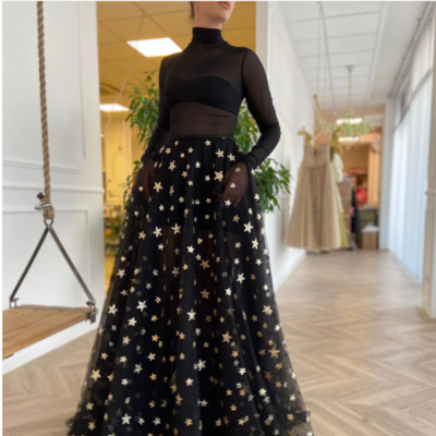 Glittering stars prom dresses black sparkly evening gowns