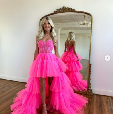 Hot pink fuchsia ball gown hi-lo prom dress party dress