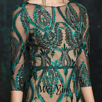 Elegant Green Evening Dress Vintage Sequins Appliques Shining Long Prom Formal Gown Vestidos De Fiesta - Thumbnail 1