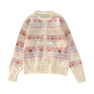 Gentle Pink Heart Jacquard Hollow Knit Cardigan Sweater