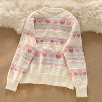 Gentle Pink Heart Jacquard Hollow Knit Cardigan Sweater - Thumbnail 4