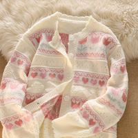 Gentle Pink Heart Jacquard Hollow Knit Cardigan Sweater - Thumbnail 1