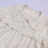 Spring Summer Vintage Day Girl Twins Bow Embroidery Lace Cotton Doll Collar Beige Shirt Blouse - Thumbnail 7