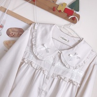 Spring Summer Vintage Day Girl Twins Bow Embroidery Lace Cotton Doll Collar Beige Shirt Blouse - Thumbnail 1