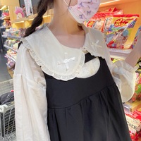 Spring Summer Vintage Day Girl Twins Bow Embroidery Lace Cotton Doll Collar Beige Shirt Blouse - Thumbnail 5