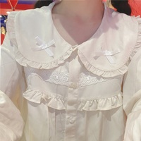 Spring Summer Vintage Day Girl Twins Bow Embroidery Lace Cotton Doll Collar Beige Shirt Blouse - Thumbnail 2