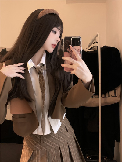 Dark Academia Classic Elegant Student Girl Sweet Autumn Brown & Black Suit Jacket Long Sleeve Shirt Plaid Pleated Skirt Three Piece Set