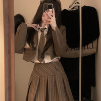 Dark Academia Classic Elegant Student Girl Sweet Autumn Brown & Black Suit Jacket Long Sleeve Shirt Plaid Pleated Skirt Three Piece Set - Thumbnail 1