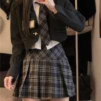 Dark Academia Classic Elegant Student Girl Sweet Autumn Brown & Black Suit Jacket Long Sleeve Shirt Plaid Pleated Skirt Three Piece Set - Thumbnail 7