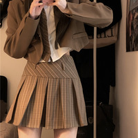 Dark Academia Classic Elegant Student Girl Sweet Autumn Brown & Black Suit Jacket Long Sleeve Shirt Plaid Pleated Skirt Three Piece Set - Thumbnail 3