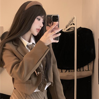 Dark Academia Classic Elegant Student Girl Sweet Autumn Brown & Black Suit Jacket Long Sleeve Shirt Plaid Pleated Skirt Three Piece Set - Thumbnail 2