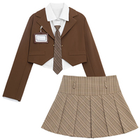 Dark Academia Classic Elegant Student Girl Sweet Autumn Brown & Black Suit Jacket Long Sleeve Shirt Plaid Pleated Skirt Three Piece Set - Thumbnail 9