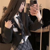 Dark Academia Classic Elegant Student Girl Sweet Autumn Brown & Black Suit Jacket Long Sleeve Shirt Plaid Pleated Skirt Three Piece Set - Thumbnail 4