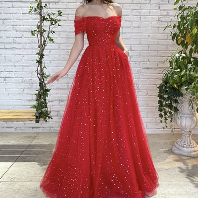 Red tulle long prom dress, beautiful off shoulder evening party dress - Thumbnail 1