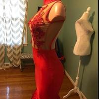 High Neck Illusion Bodice Appliques Flowers Satin Sexy Red Mermaid Prom Dresses Backless Evening Dresses Celebrity Party Dresses - Thumbnail 1