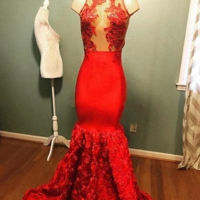 High neck illusion bodice appliques flowers satin sexy red mermaid prom dresses backless evening dresses celebrity party dresses