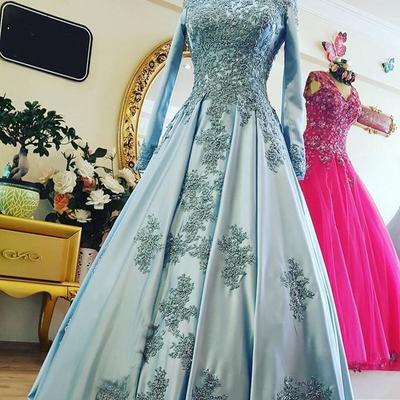 High neck country plus size dress ball gown long sleeves lace applique muslim lace prom dress