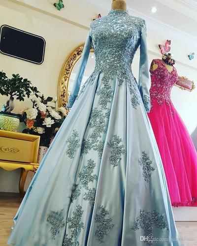 High Neck Country Plus Size dress Ball Gown Long Sleeves Lace Applique Muslim Lace Prom Dress